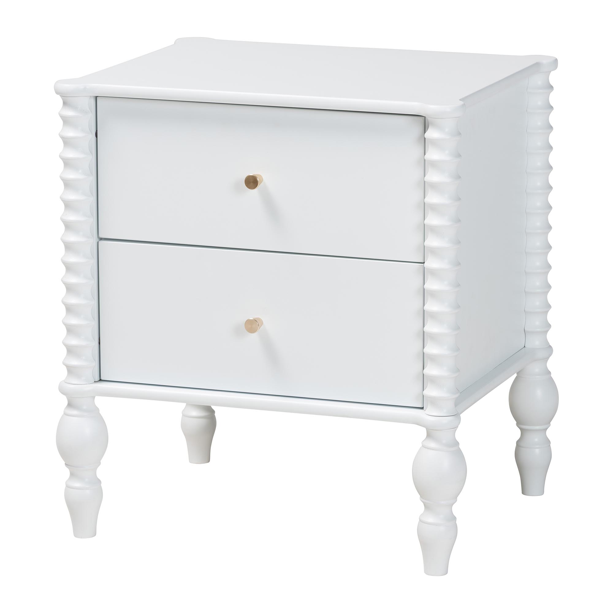 Baxton Studio Callison Spindle Nightstand - 2-Drawer Farmhouse Bedside Table with Turned Accents for Bedroom, White